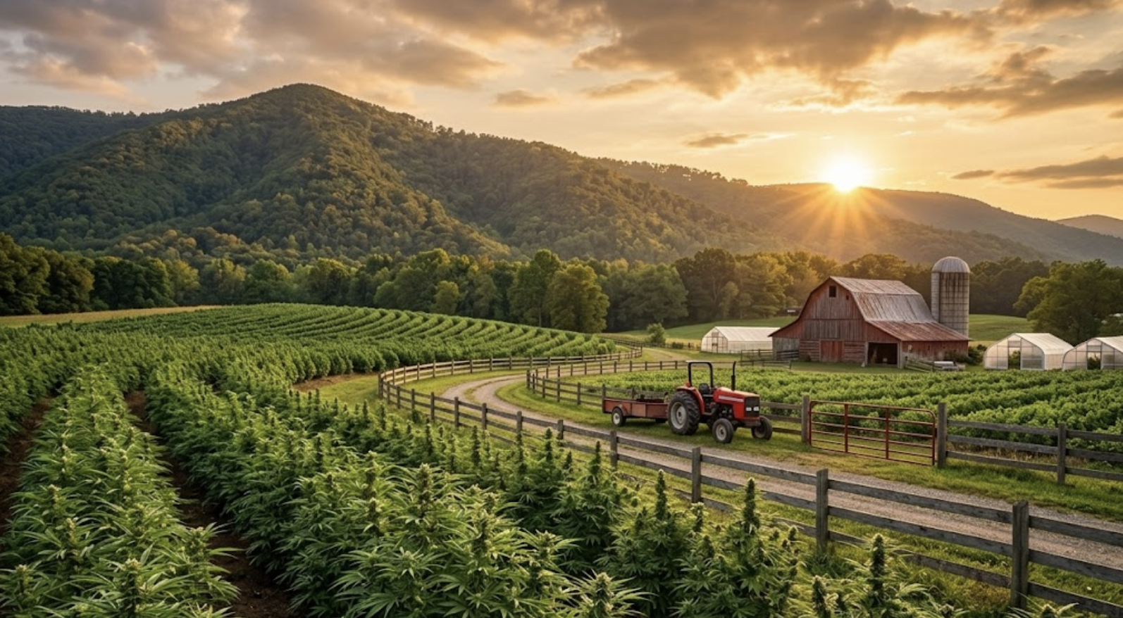 Cannabis field at golden hour with red tractor on the horizon